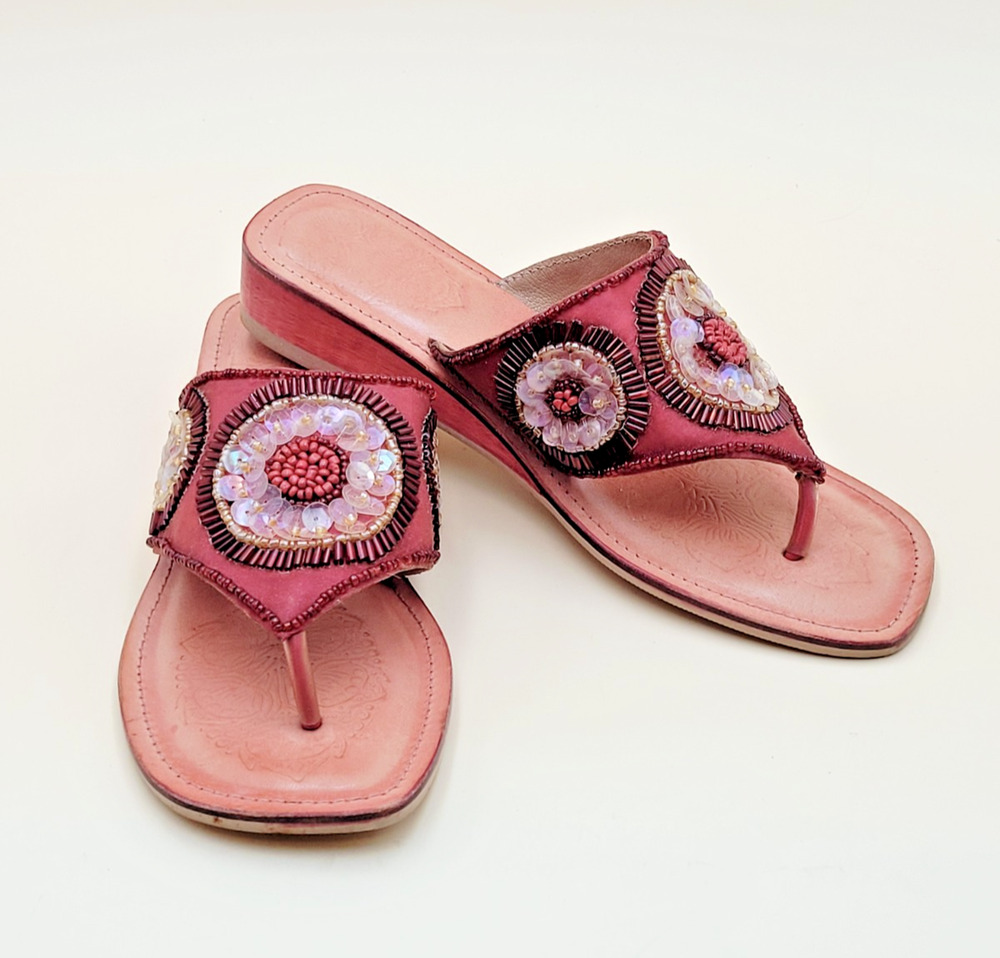J. Jill "Malaga" Embellished Leather Thong Sandals Sz 6 Pink Bohemian